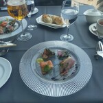 Porto Faro - 椎茸と豚の頬肉、サーモンマリネ、鴨のロースト、牛レバーのテリーヌ