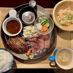 炭火KITCHEN おどり火 - 「ハンバーグ & ローストビーフ ランチセット」@1600   ライスお代わり自由・コーヒー付き