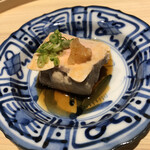 温石 - 鮟肝です。燗酒とベストマッチ。このポン酢がウンマイ。一滴残さず、飲み干してしまいました。