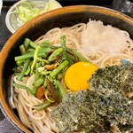 Sobadokoro Fuuren - ぶっかけ蕎麦の上に、おろし、山菜、花巻、が それぞれ1/3載り、センターには月見。