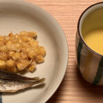 あさば - とうもろこしのかき揚げとすり流し 豆鯵唐揚げ