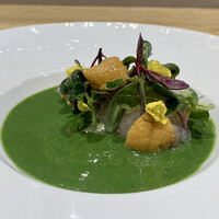 フィエルテ - 赤海老 ほうれん草 豆乳
                    ほうれん草と豆乳のソースの緑が綺麗、そこに青森産の赤海老と北海道産の紫ウニが入る一品。
                    ソースが自然な淡い甘み、赤海老とウニの風味と甘みがとてもしっかりと感じられます。