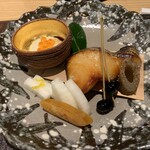 厨しんさく - 釣り鰆の遊庵焼き 丸芋　唐墨