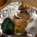 柳家 - 手前から青首（マガモのオス）尾長鴨のつがい、小鴨