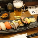 Sushi Uogashi Nihonichi - 市場にぎり（５８０円）＋生小＋お通し