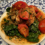 モノリス - 白子のムニエル、焦がしバターソース、高糖度プチトマト、チヂミほうれん草のソテー