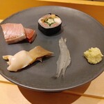 代官山 鮨 たけうち - 白魚　ほっき貝　ぶり　いわし巻き　新鮮で最高！