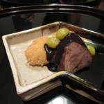 馳走なかむら - 河豚白子のあられ揚げと佐賀牛を八丁味噌で。