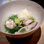 温石 - 蛤と青海苔の出汁かけご飯　思い切った量の山葵が甘い蛤を引き立てる。美味しい～♪