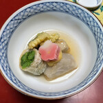 花月 - 菜の花信田巻き、穴子しそ巻き天ぷら、えびいも、生麩