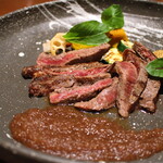 Miyazaki Japanese black beef thigh served with garlic onion sauce