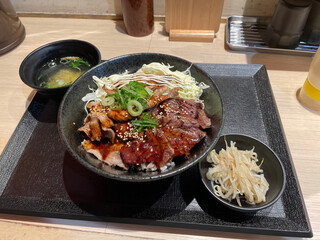 Ikebukuro Nikugekijou - 劇場丼（1,000円）の全景。おかわりOKのナムル、おいしいです。