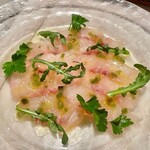 横浜馬車道 旬の肉料理イタリアン オステリア・アウストロ - 2022.1.  2週間熟成 外房アオハタのカルパッチョ 茎わさびソース