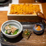 のどぐろ専門 銀座 中俣 - 炙りのどぐろウニ乗せ、珍味 河豚の煮凝り お浸し