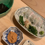 はらまさ - お造り：平目　あん肝ソースたっぷりつけて、海苔を巻いて ツマがたっぷりの大好きなお造り。
