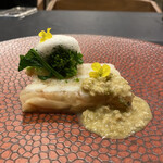 竜吟虎嘯 - ずわい蟹のテリーヌ、春野菜のお浸し、ふきのとうカニ味噌、カニ出しの泡、安納芋ピューレ