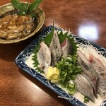 魚河岸 丸天 - いかわた沖舟漬,真いわし刺し