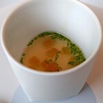 レストラン オオツ - タラの白子のフラン　鯛のスープ　自家製カラスミ