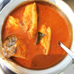 三燈舎 - フィッシュプルス。今日はこれ目掛けて来ました！白身魚（オヒョウ）がたっぷり。酸味を効かせたかなり辛いカレー。淡白な魚ですが皮の下のゼラチン質がコクがあって美味！久しぶりに酸味のカレー美味しい！ホットで温まります。