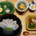 炎水 - ふぐ刺身 ふぐ皮 すだち塩わさび あん肝ポン酢 紅葉おろし