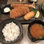 Shinjuku Saboten - 黒豚ロースかつ御前(麦飯)、海老フライ、かにクリームコロッケ