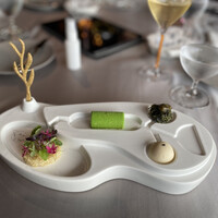 SUD restaurant - アミューズ①5種の栄養素を表したもの。一緒に出されたスポイドのソースが全てに流れていく