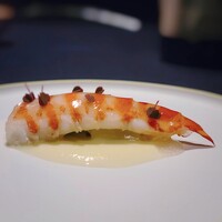abysse - 車海老 佐賀県産ホワイトアスパラガスのピュレ 黄ニラ  トマトのエキスのジュレ