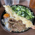 立花うどん - 肉＋えび天うどん（ねぎ・月見トッピング（合計924円）