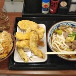 Marugame Seimen - 春まち新鴨ねぎうどん(期間限定)大+揚げ物+親子丼(中)