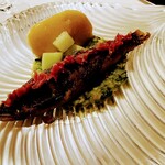 ポンテ ベッキオ - 鮎のコンフィの熱々と瓜科のマチュドニア　メロンのソルベ添え