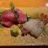 乙女寿司 - 日本海のマグロとガスエビ。マグロは日本海の荒海で揉まれたせいか身がしまって感動の歯触り。味は言わずもがな。ガスエビはしっとり甘く最初の一皿からこれからのコースに期待が膨らみます。