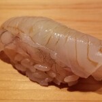 鮨 さかい - ④(鮨)寒鮃(福岡県糸島産、2kg、1日寝かせ)
      産卵期は冬～初夏、旬は秋～冬。
      旬の脂がのり、旨み&甘みが深い
      朝〆ですが活かりを抑え旨みを引き出しています