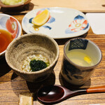 日本橋 蕎ノ字 - ☆蕎麦の実と浜名湖産の舞阪生海苔。
      ☆浅利と昆布出汁。