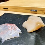 鮨処 やまと - ヒラメとホタテのお刺身、ヒラメは凄まじい弾力、ホタテはぷりっぷりです