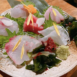 魚と日本酒 魚バカ一代 - 刺身盛り合わせ 1649円
            ほうぼう、すずき、かんぱち、めじな、ほんまぐろ、こち