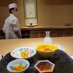 富小路 やま岸 - 真鯛の紫雲丹のせ　赤貝と若狭の酒 早瀬浦 純米酒 浦底