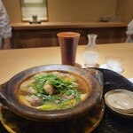 富小路 やま岸 - 猪 海老芋 葱の鍋と若狭の酒 早瀬浦 純米酒 浦底