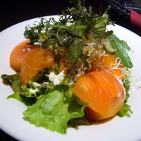 トラットリア トペ - サーモンのカルパチョ、野菜サラダ