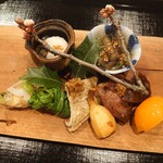 津の守坂 小柴 - 八寸：海鼠のコノコ和え、牛蒡、金柑、鴨、クワイ、椎茸、菜の花、子持ち公魚