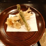 津の守坂 小柴 - 揚物：白魚とばちこの磯部巻き、コシアブラ