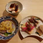 前菜色々、鰺の葱マスタードソース、よだれ鶏、大根餅、塩豚、蛍烏賊