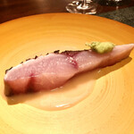 蒼 - 串本　神経〆縞鯵　お米と中国甘酒のスープ　この焼き具合　その歯応えと旨味