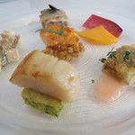 ビオディナミコ - 前菜盛合せ：赤海老のマリネとスペルト小麦、仔牛のカルピオーネ、バターナッツかぼちゃと紅くるり大根、仔羊のミンチとじゃが芋、帆立のソテーとブロッコリーのスファリナータ、蛸と根セロリ、プロシュート1