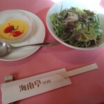 海南亭グリル - ステーキ丼の冷水スープとサラダ