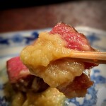 茜坂大沼 - 下仁田葱のソースがまろやか。脂の乗ったカイノミは、まあ苦手。ご一緒様に助けていただく。これは個人の好みの問題です。