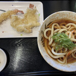 うどん天国 麺天 - 松子はぶっかけうどん(温)350円税込と海老天・とり天