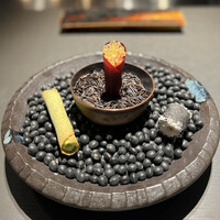 Riverente - 空豆とペコリーノ、発酵ビーツとマグロのカワマス卵添え、竹炭のカンノーロ