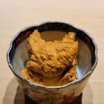 鮨 唐島 - あん肝と白味噌に刻んだ奈良漬け