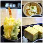 Soba Nagomi - ◆天ぷら、玉子焼き、稲荷、湯葉、サラダなどが盛り合わされ、私はこれだけもいいかも。 ＊天ぷらは「海老」「ピーマン」など3種。普通に美味しい。 ＊湯葉がいいお味。 ＊お蕎麦屋さんの玉子焼き好きです。