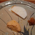 鮨 さかい - カラスミ大根、あん肝と奈良漬け